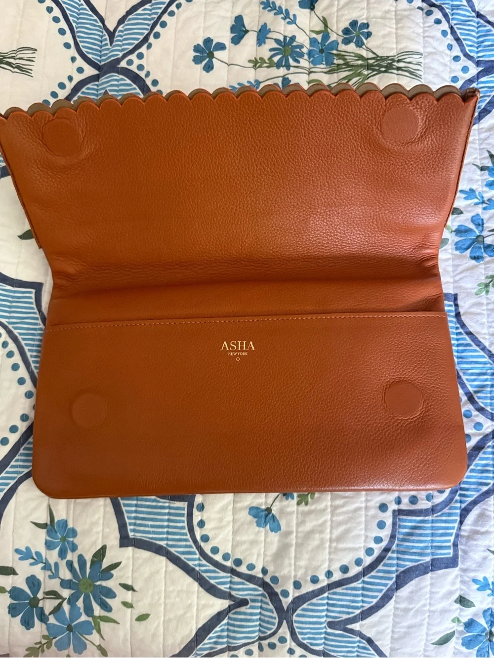 Scalloped Flap Leather Clutch - Cognac Brown